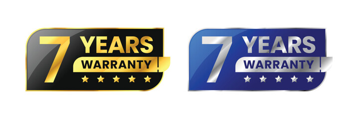 7 Years warranty label, badge, icon, logo. Parallelogram rhombus shape with gold and silver color. Vector Illustration