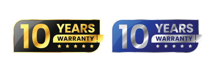 10 Years warranty label, badge, icon, logo. Parallelogram rhombus shape with gold and silver color. Vector Illustration