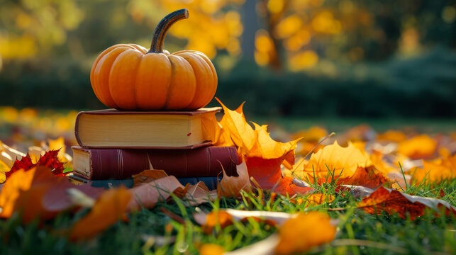 Stacked books and vibrant autumn leaves beside a ripe pumpkin in a seasonal outdoor setting.