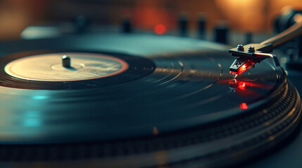 Close-up of a vinyl record on a turntable with needle tracing the grooves. - obrazy, fototapety, plakaty