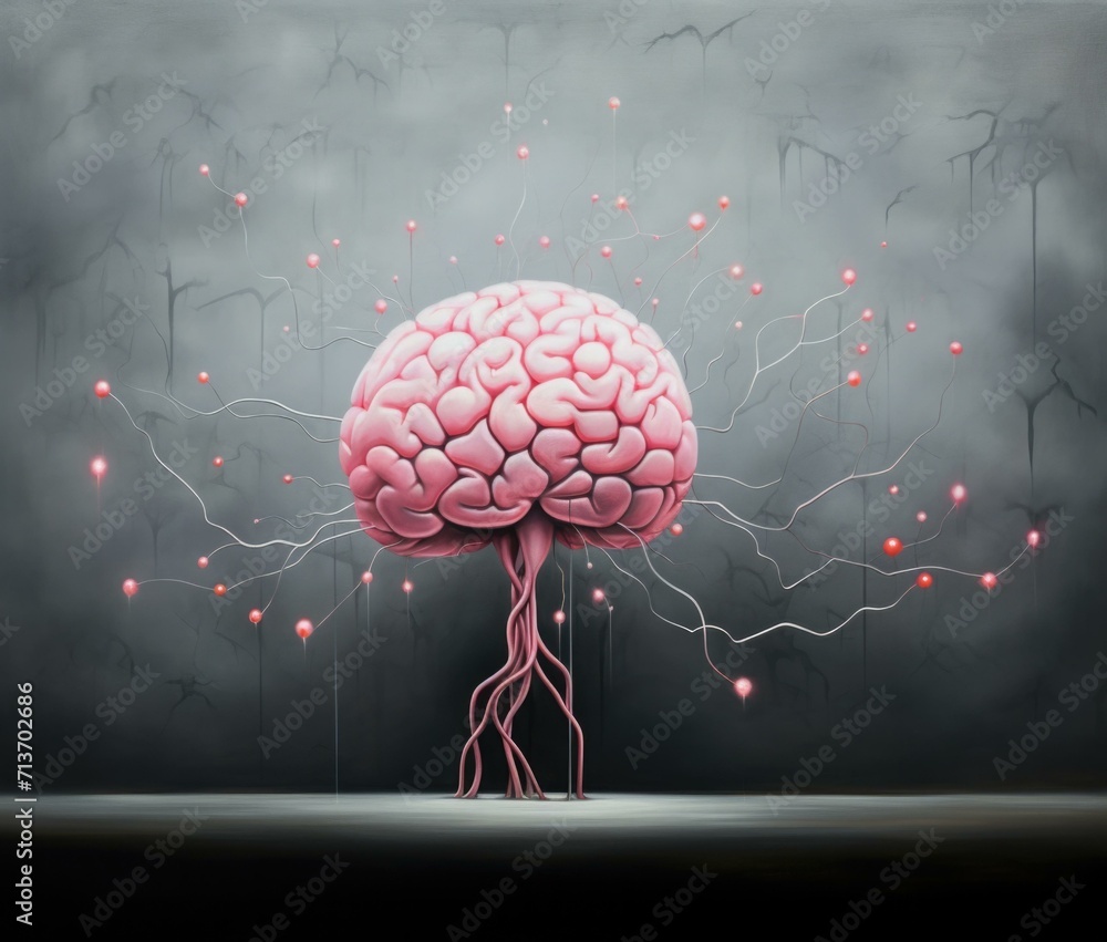 Aufkleber an abstract illustration of brain activity with vibrant synapses and symbols on a gray background. g