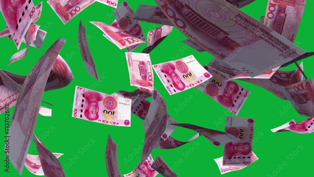 Poster 3D animation of Chinese Yuan notes Falling On Green screen. You can remove the background by keying or subtracting with the black and white matte to replace with a custom one
