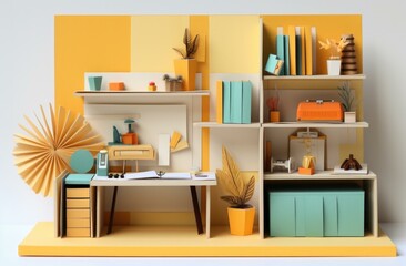 A vibrant paper model of a modern home office with aquamarine and saffron colors. Generative AI.
