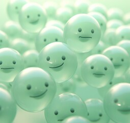 A playful assortment of mint green smiley balls. Generative AI.