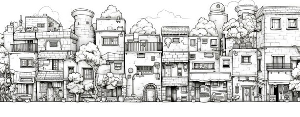 A whimsical black and white cityscape illustration with a cluttered, minimalistic style, featuring a variety of buildings. Generative AI.