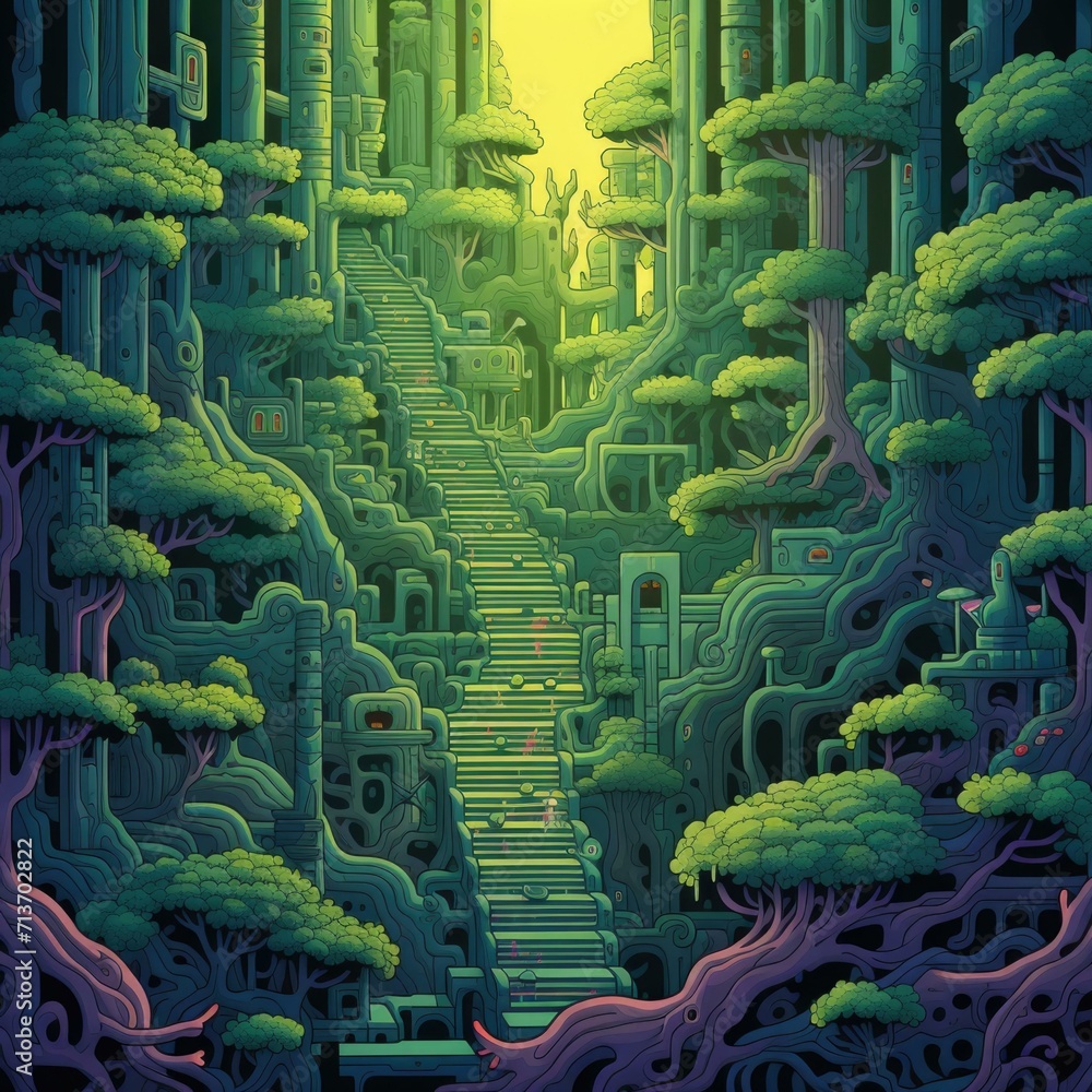Poster a mysterious maze in a forest, filled with adventure and hidden stairs. generative ai.