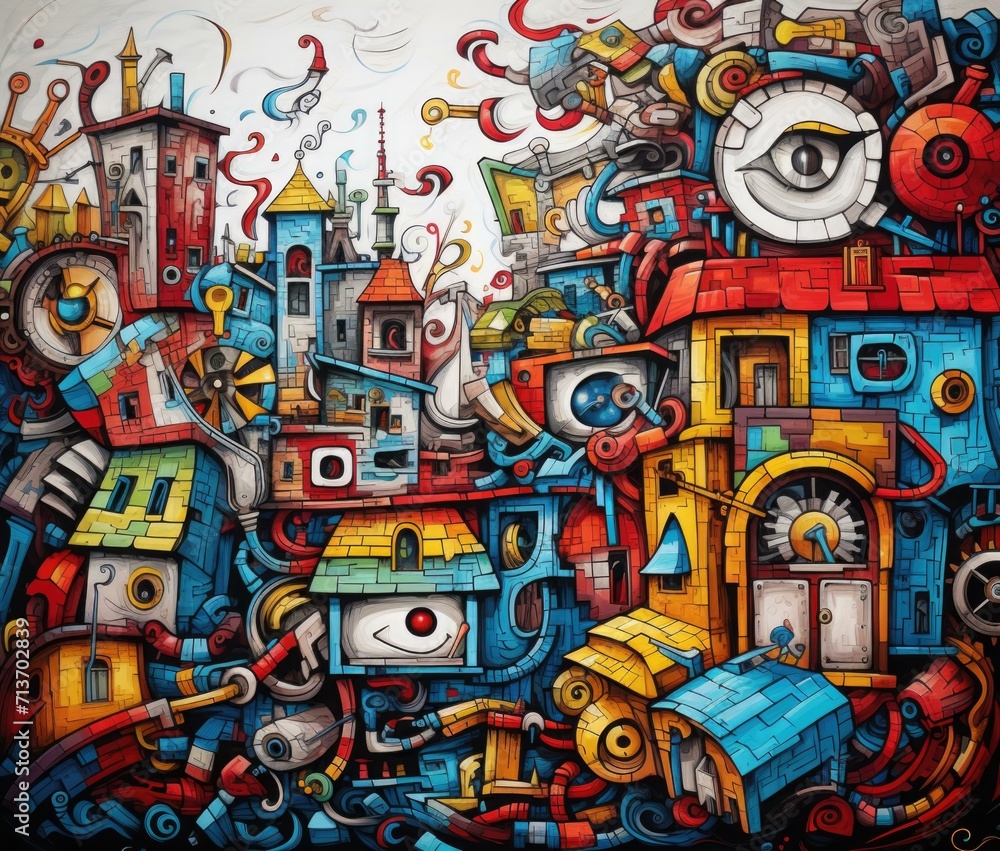 Aufkleber a colorful painting of a city with many different objects. generative ai.