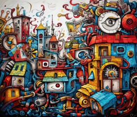 A colorful painting of a city with many different objects. Generative AI.