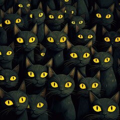 A charming illustration featuring a patterned display of cute black cats with bright yellow eyes on a dark background. Generative AI.