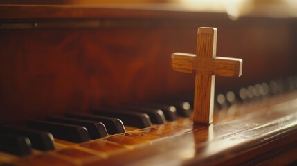 Simple wooden cross on the lid of a grand piano in a serene, reflective setting