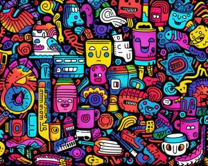 A brightly colored cartoon doodle illustration featuring a variety of everyday objects and items. Generative AI.