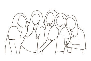 Line art of five female friends have fun and hug laugh together waist up. Love enjoy support.