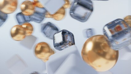 Abstract composition. Cubes and gold spheres. Soft focus. Blurred background