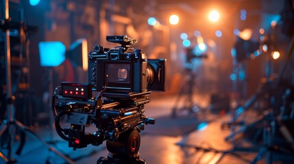 Vintage film camera on tripod in a cinematic studio setup with dramatic lighting