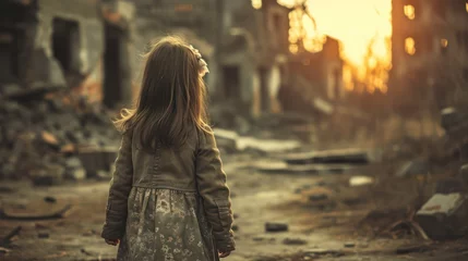 Foto op Aluminium A dirty little girl standing alone, bokeh building ruins background. After war or natural disasters concept. © Farid