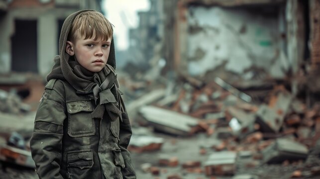 A dirty little boy standing alone, bokeh building ruins background. After war or natural disasters concept.
