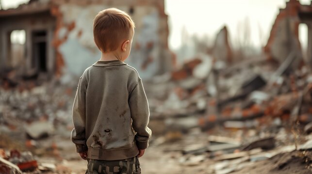 A dirty little boy standing alone, bokeh building ruins background. After war or natural disasters concept.
