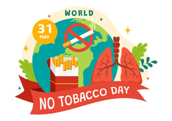 World No Tobacco Day Vector Illustration on 31 May with Stop Smoking and Cigarette Butt because Harm the Lungs in Healthcare Flat Background