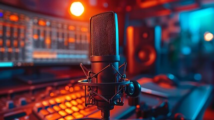 Modern podcast setup with sleek microphone and illuminated laptop