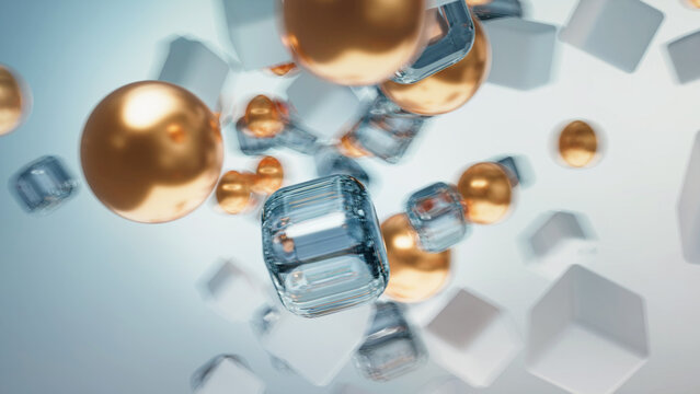 Abstract composition. Flying cubes and gold spheres. Soft focus. Blurred background