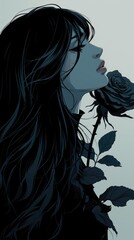 Simple Side Portrait - Black Haired woman holding a Black Rose - Japanese Anime Style