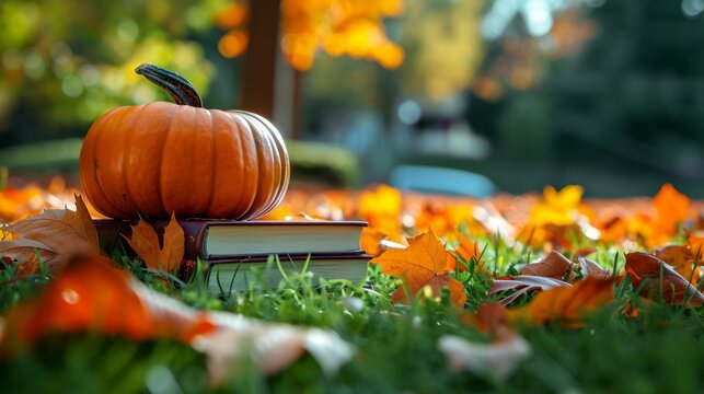 Stacked books and vibrant autumn leaves beside a ripe pumpkin in a seasonal outdoor setting.