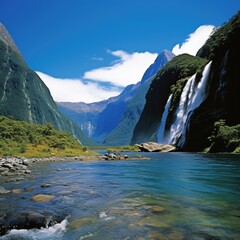 Milford Sound: Fiordland National Park, New Zealand The navy blue water of this South Island fjord is framed by steep, glacier-cut cliffs, and covered in greenery and hundreds of shimmering waterfalls