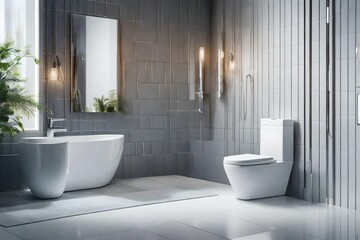 Fototapeta na wymiar A sparkling clean bathroom space with an emphasis on hygiene and cleanliness. Perfectly lit, this super realistic image captures a white light highlighting a pristine toilet flush, promoting 