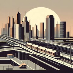 A train passing through a city at sunset.