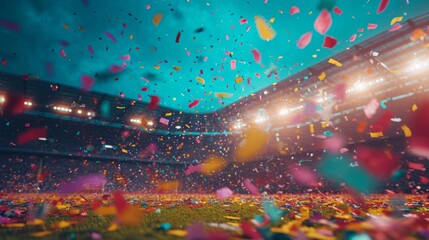 Confetti explosion in stadium celebrating a triumphant football match moment. - obrazy, fototapety, plakaty