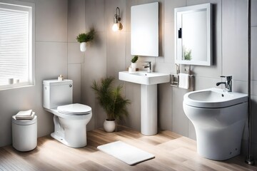 Fototapeta na wymiar A sparkling clean bathroom space with an emphasis on hygiene and cleanliness. Perfectly lit, this super realistic image captures a white light highlighting a pristine toilet flush, promoting 