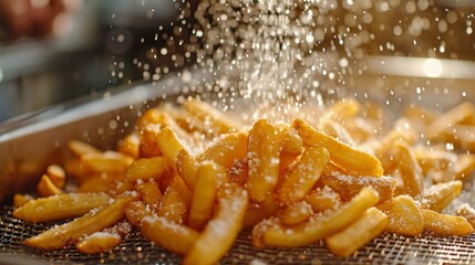 Crispy golden fries being served from a fryer basket, fresh and hot.