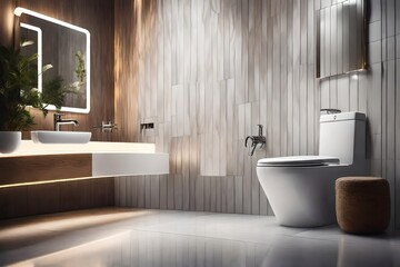 A sparkling clean bathroom space with an emphasis on hygiene and cleanliness. Perfectly lit, this super realistic image captures a white light highlighting a pristine toilet flush, promoting 