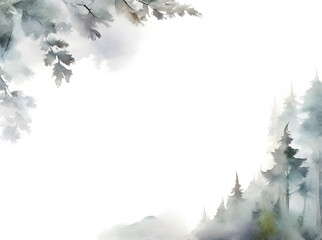 Watercolor winter forest landscape. The wild beauty of nature