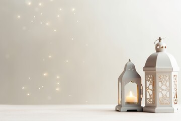 Eid Mubarak and Ramadan Kareem Minimalist Greetings Background with Copy Space, Islamic Lanterns, and Mosque