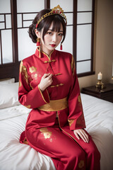 ベットの上で赤い韓服を着ているアジア系美女モデル