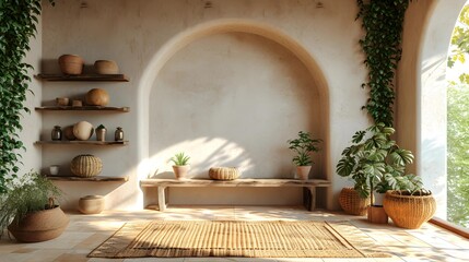 Obraz na płótnie Canvas Mediterranean interior design architecture image of a rustic foyer with arches. There are shelves and decorative plants in the house.