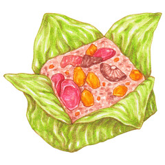 lotus leaf wrapped rice, watercolor asian food design