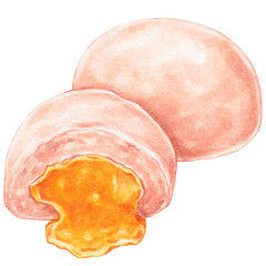 pan seared salted egg lava bun, watercolor asian food design