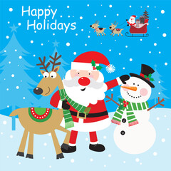 christmas card with santa claus , reindeer and snowman