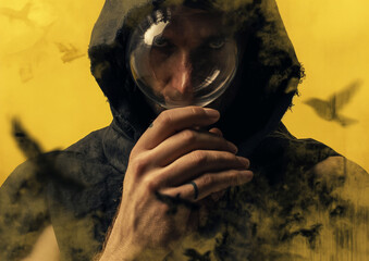 portrait of a mysterious man holding a glass sphere, AI GENERATED