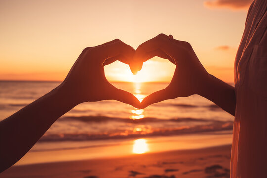 A couple used their hands and fingers, gesturing a heart shape on the beach with romantic sunset background