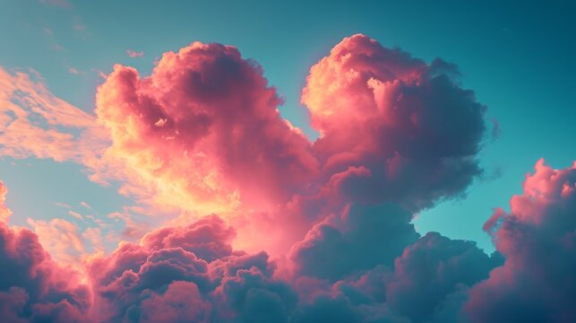 Dreamy heart-shaped clouds in a vibrant sunset sky symbolizing love and romance.