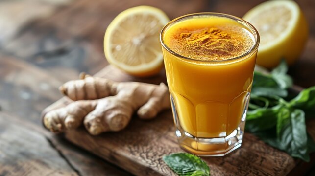 A glass of golden turmeric beverage with lemon beside fresh ginger on a rustic wooden table