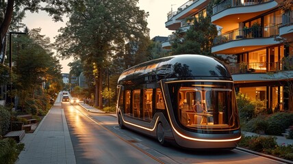 Obraz premium A bus drives autonomously through the city, generative ai
