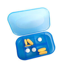 Pastillero azul con píldoras y tabletas comprimidas amarillas y blancas. Organizador de pastillas...