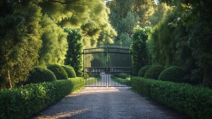 Fototapeta premium Private driveway entrance with lush green hedges and iron gate