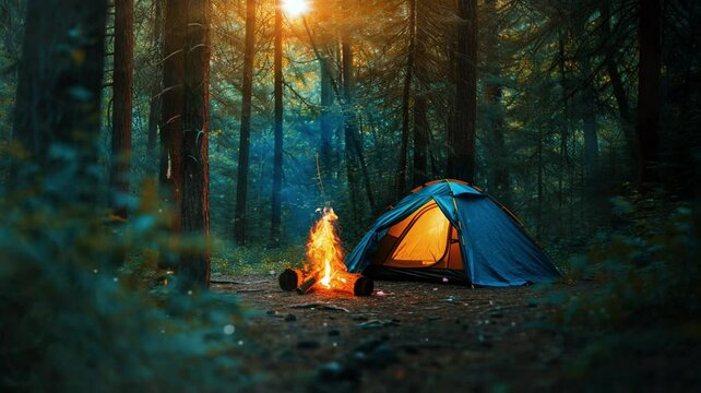 camping in the forest, campfire, 4k, pine forest, looping video