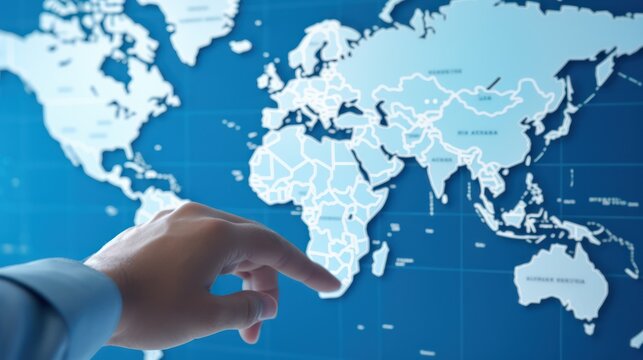 A businessman's hand touches a world map infographic panel, photo, on a blue background. Touch screen technology.