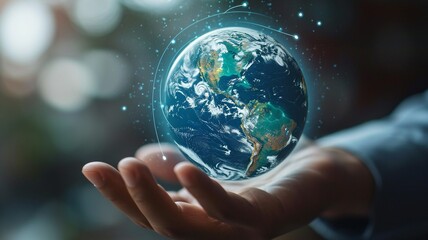 hand of Businessman touching virtual Earth globe,generative ai